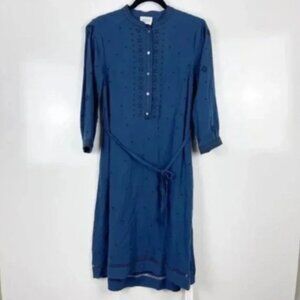 NEW Wrap London Blue Embroidered Boho Linen Blend 3/4 Sleeve Midi Dress Size 2